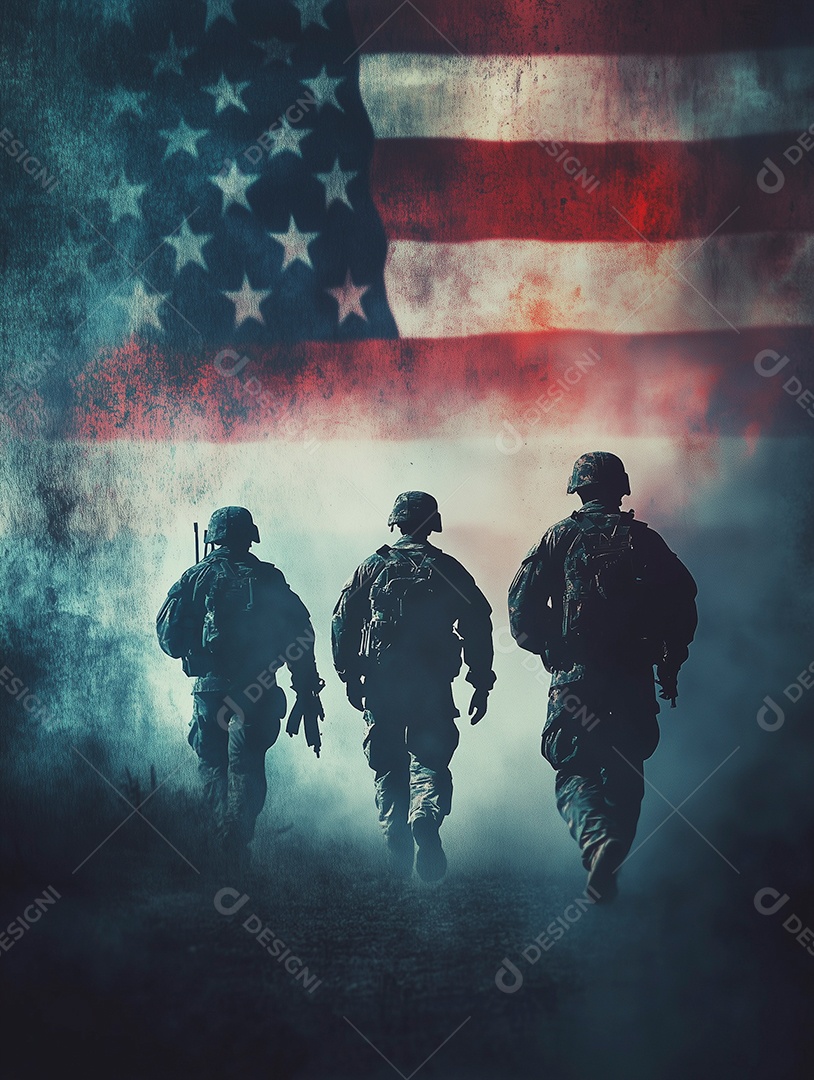 Lindas silhuetas de soldados americano sobre bandeira americana