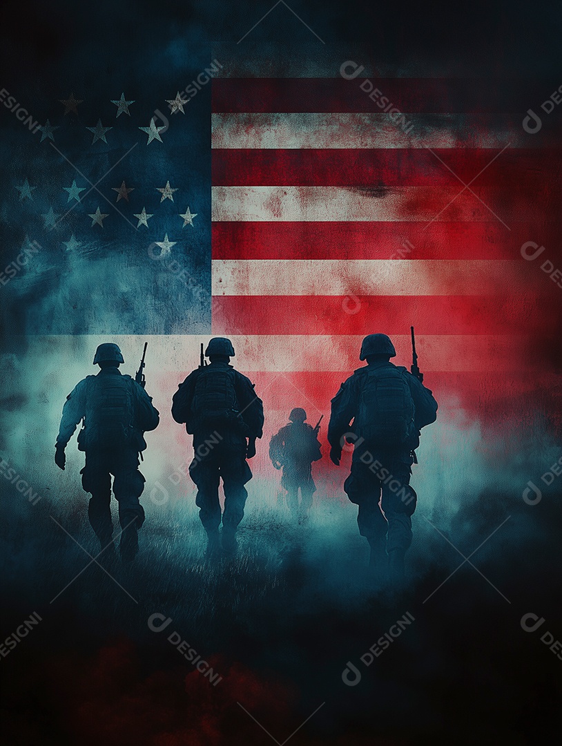 Lindas silhuetas de soldados americano sobre bandeira americana