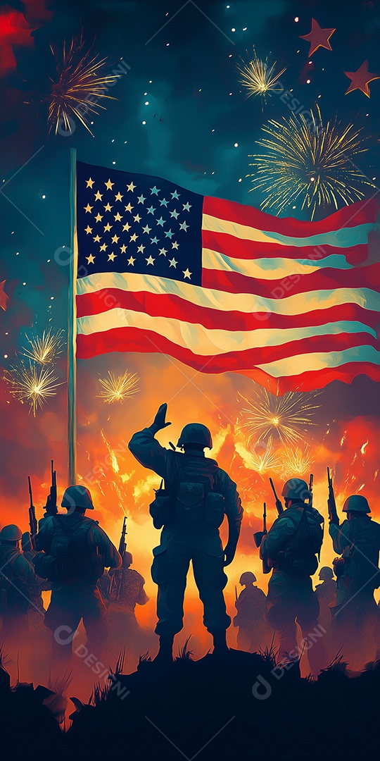 Lindas silhuetas de soldados americano sobre bandeira americana