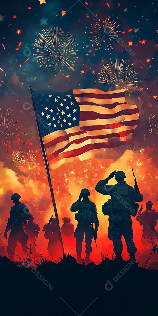 Lindas silhuetas de soldados americano sobre bandeira americana