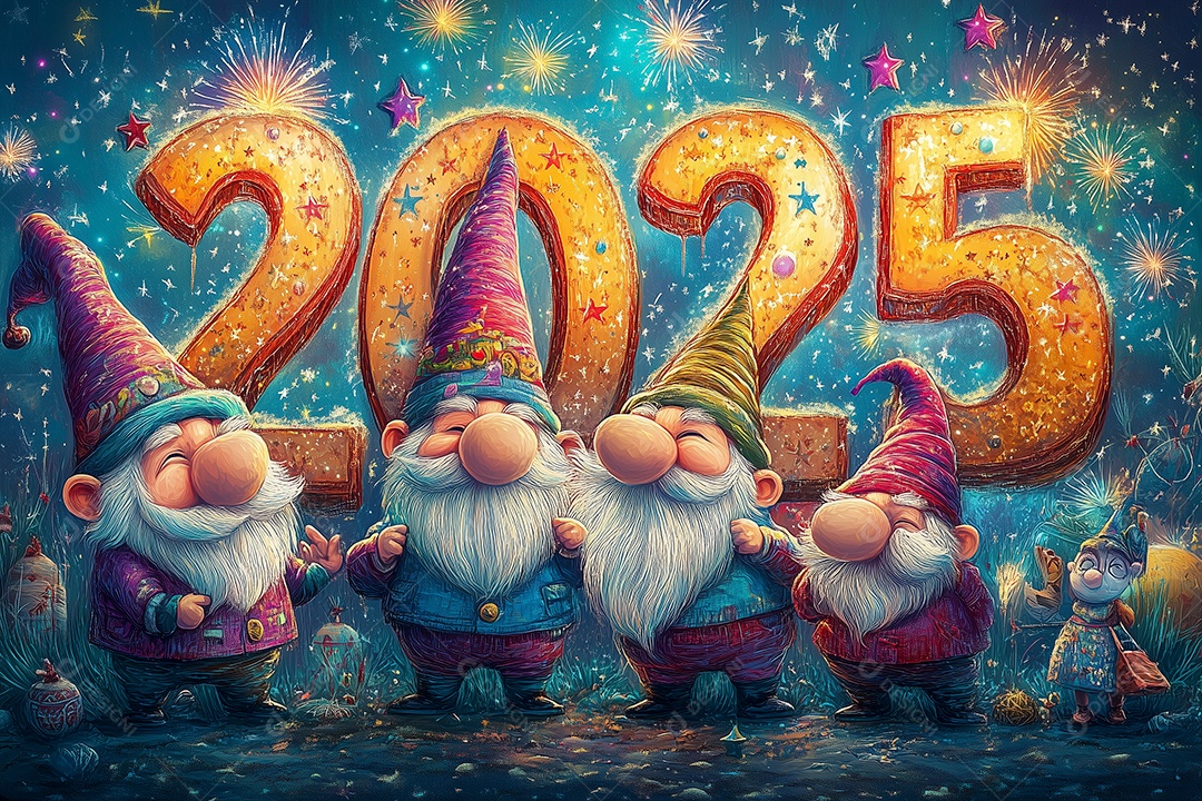 Lindos fogos de artifício e anão para celebração de ano novo