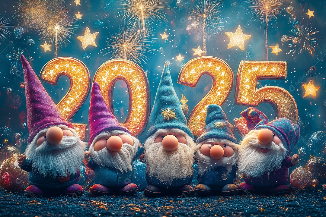 Lindos fogos de artifício e anão para celebração de ano novo