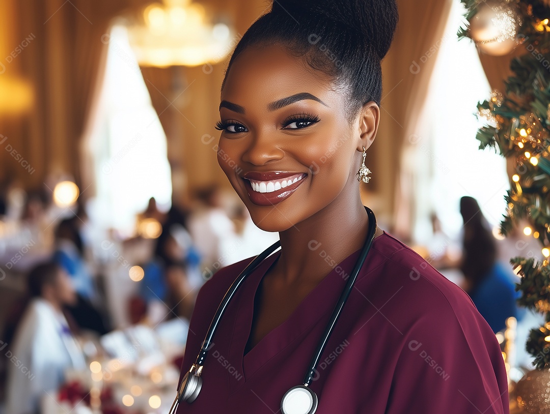 Linda mulher negra sorridente sobre fundo desfocado