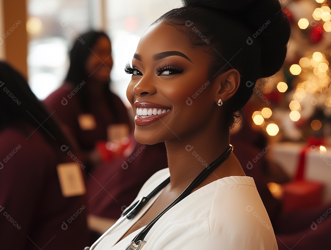 Linda mulher negra sorridente sobre fundo desfocado