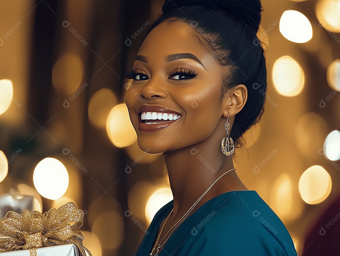 Linda mulher negra sorridente sobre fundo desfocado