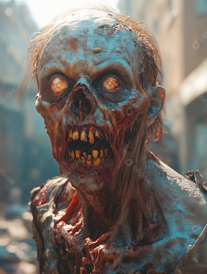 Zumbi com cara disfigurada sobre fundo desfocado