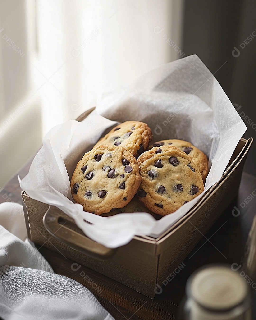 Belos cookies em bandeija sobre mesa de madeira