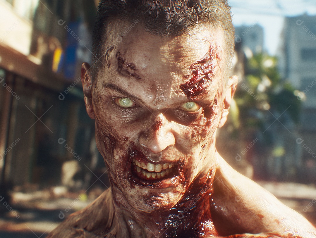 Zumbi com cara disfigurada sobre fundo desfocado