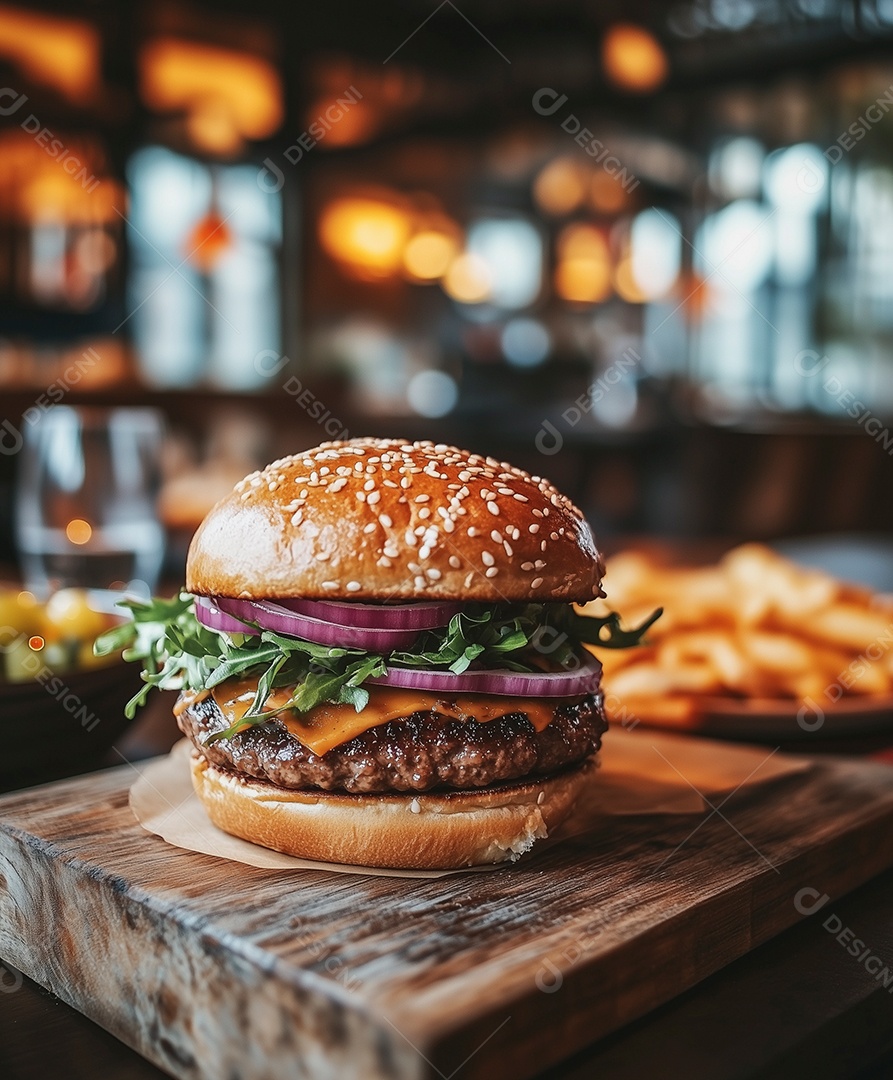 Delícioso hamburguer sobre mesa de madeira