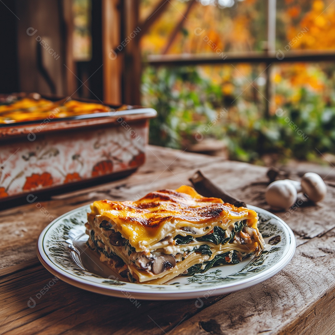 Linda fatia de lasanha em prato sobre mesa de madeira