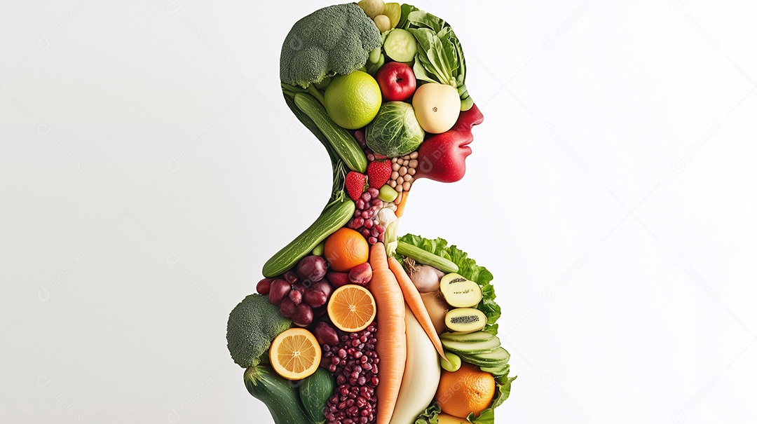 Lindas frutas e legumes em forma de corpo humano sobre fundo branco Isolado