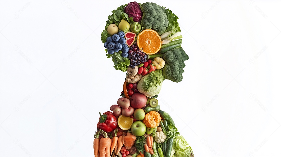 Lindas frutas e legumes em forma de corpo humano sobre fundo branco Isolado
