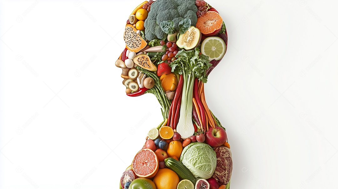 Lindas frutas e legumes em forma de corpo humano sobre fundo branco Isolado