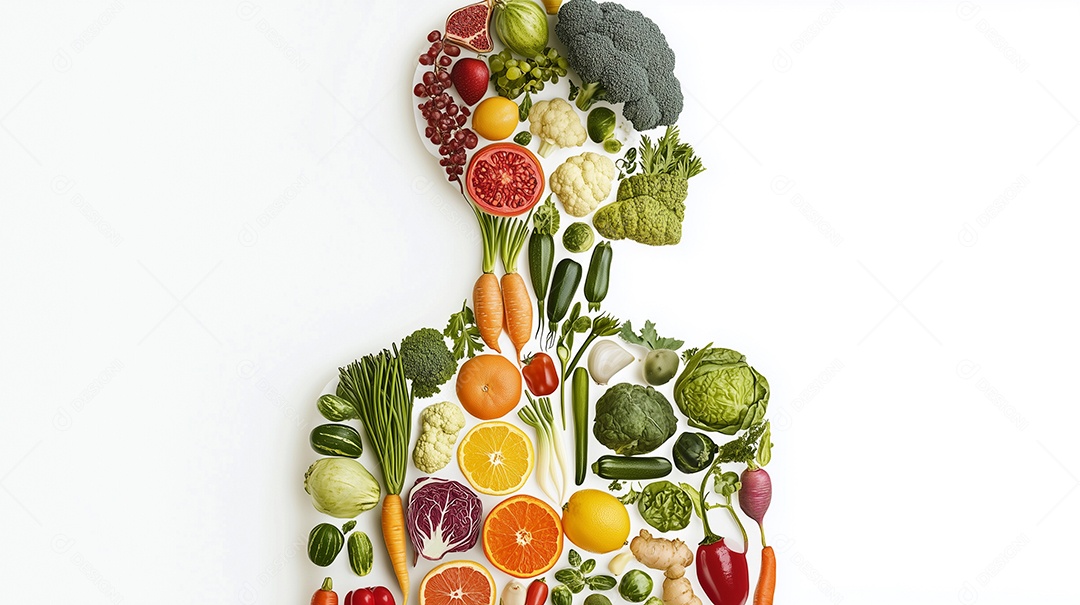 Lindas frutas e legumes em forma de corpo humano sobre fundo branco Isolado
