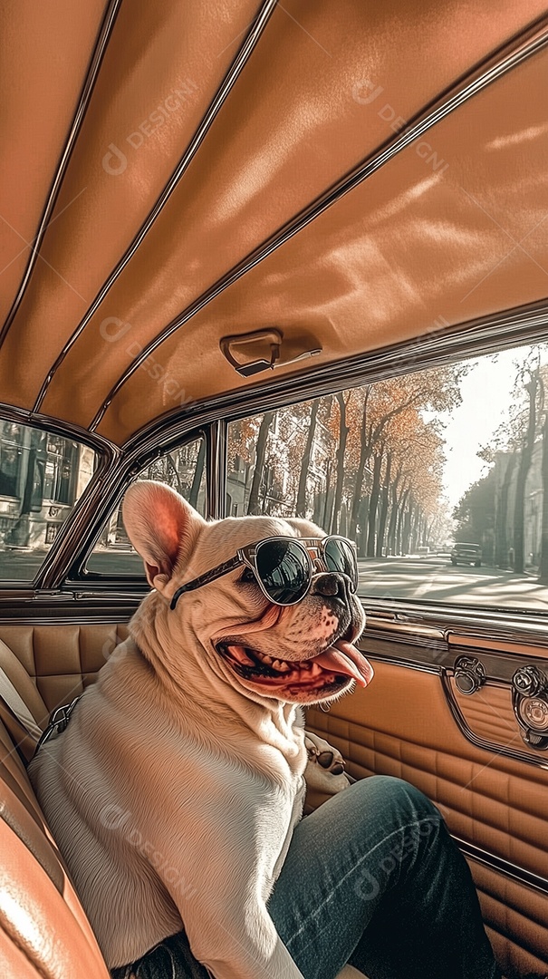 Bulldog usando óculos de sol em um lindo passeio de carro