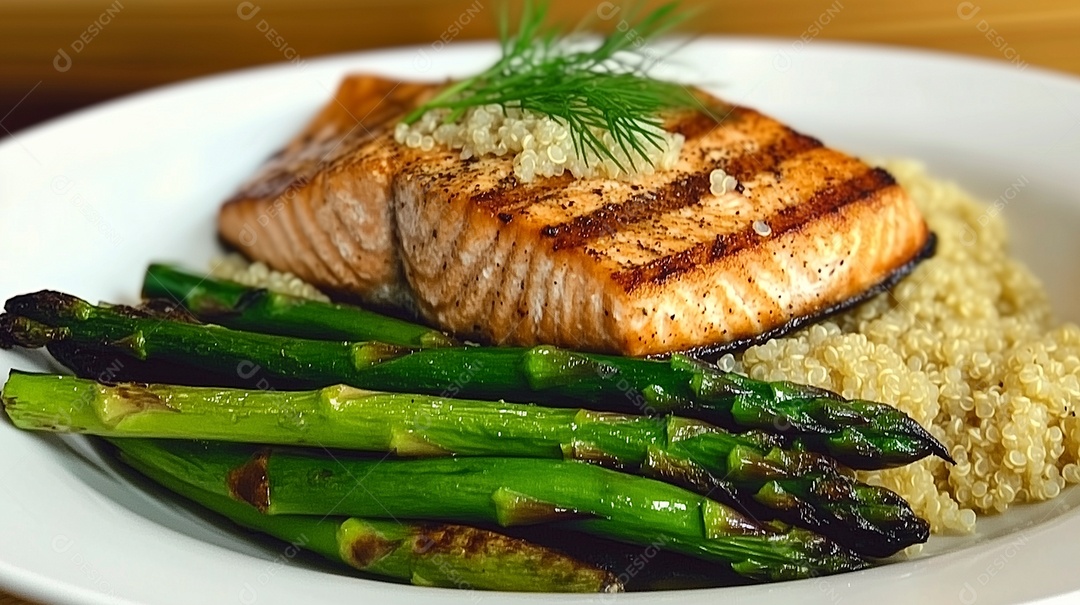 Belo filé de salmão com espargos arroz e limão em prato sobre mesa de madeira