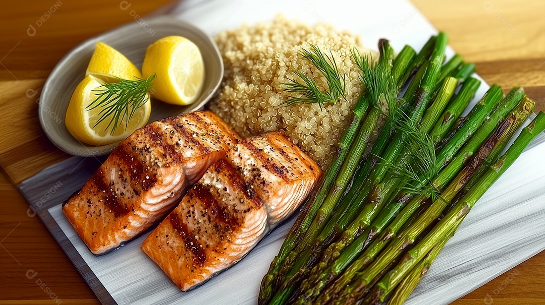 Belo filé de salmão com espargos arroz e limão em prato sobre mesa de madeira