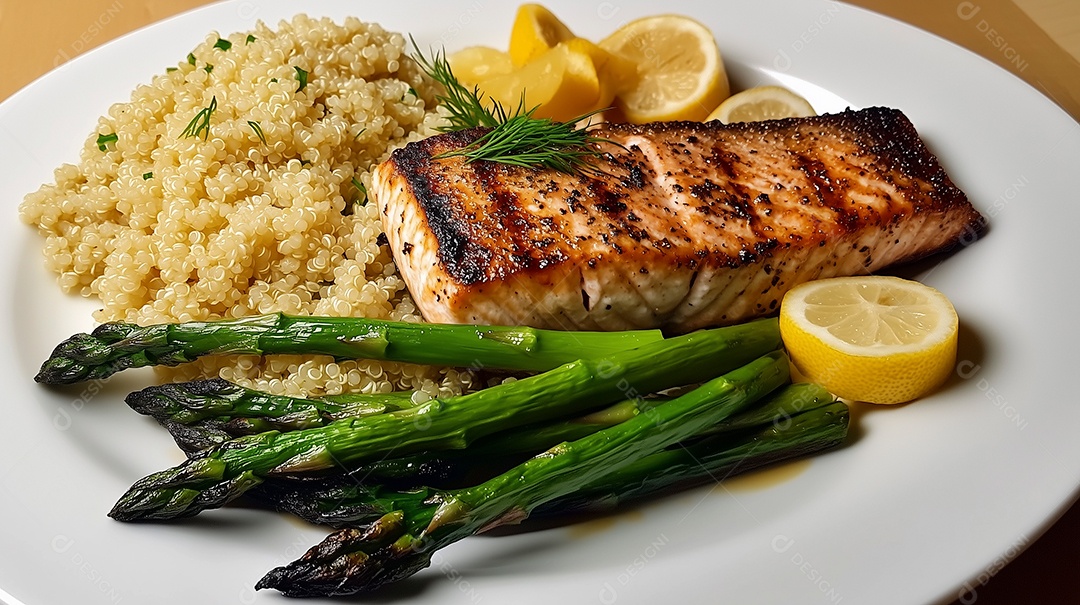 Belo filé de salmão com espargos  arroz e limão em prato sobre mesa de madeira