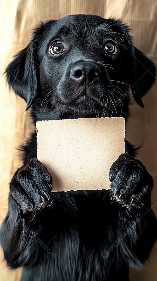 Lindo cachorro segurando papel em branco sobre fundo isolado