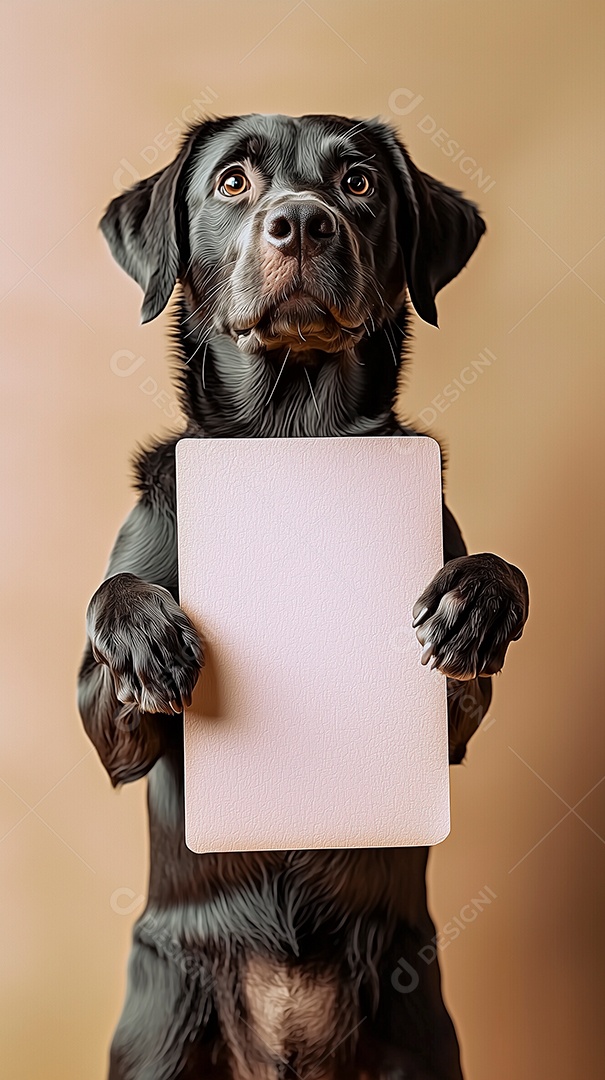 Lindo cachorro segurando papel em branco sobre fundo isolado