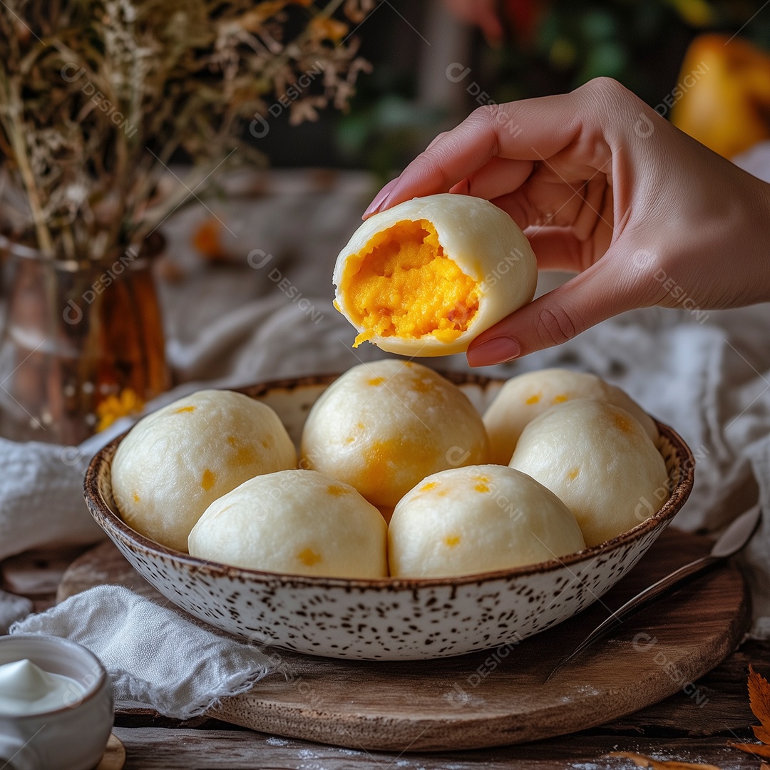 Belo pãozinho recheado com abóbora em tijela sobre mesa de madeira