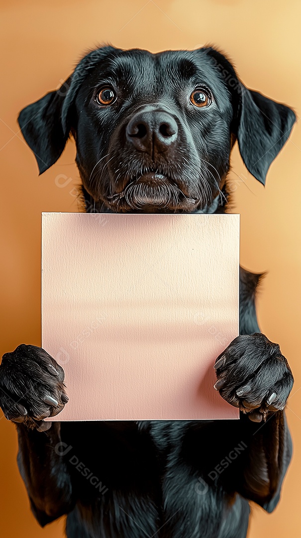 Lindo cachorro segurando papel em branco sobre fundo isolado