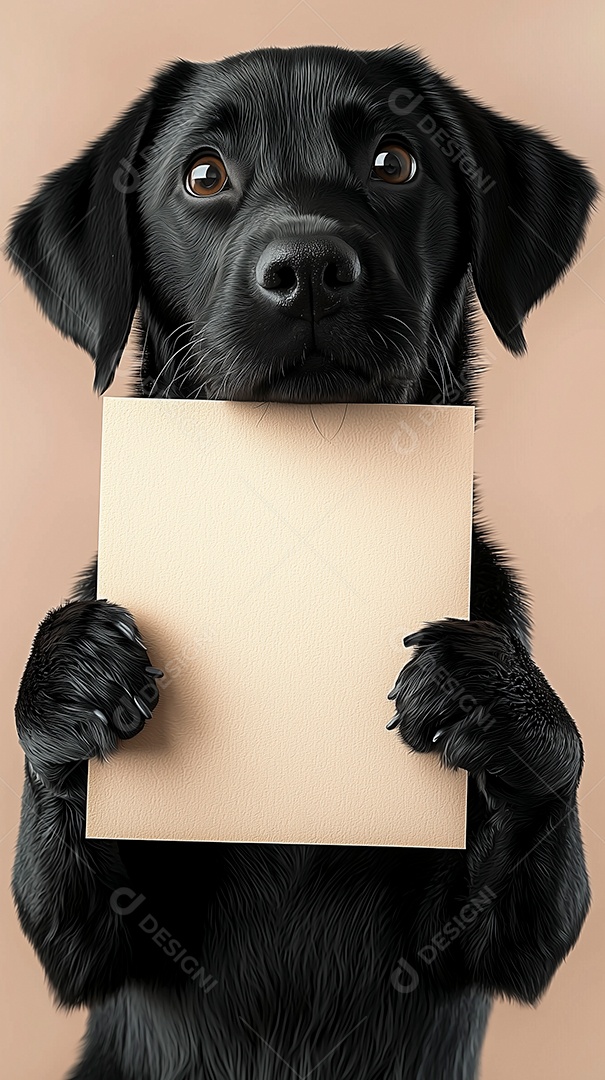 Lindo cachorro segurando papel em branco sobre fundo isolado