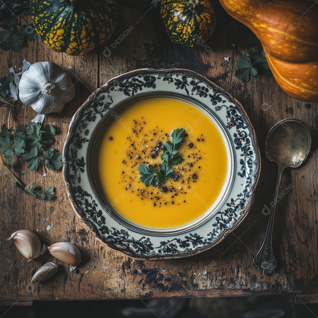 Linda sopa de abóbora com alho e salsa em um prato sobre mesa de madeira