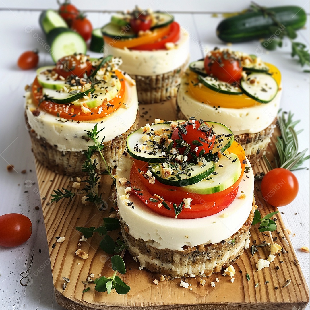 Delíciosa torrada com queijo coalho tomate pepino em tábua sobre mesa de marmore