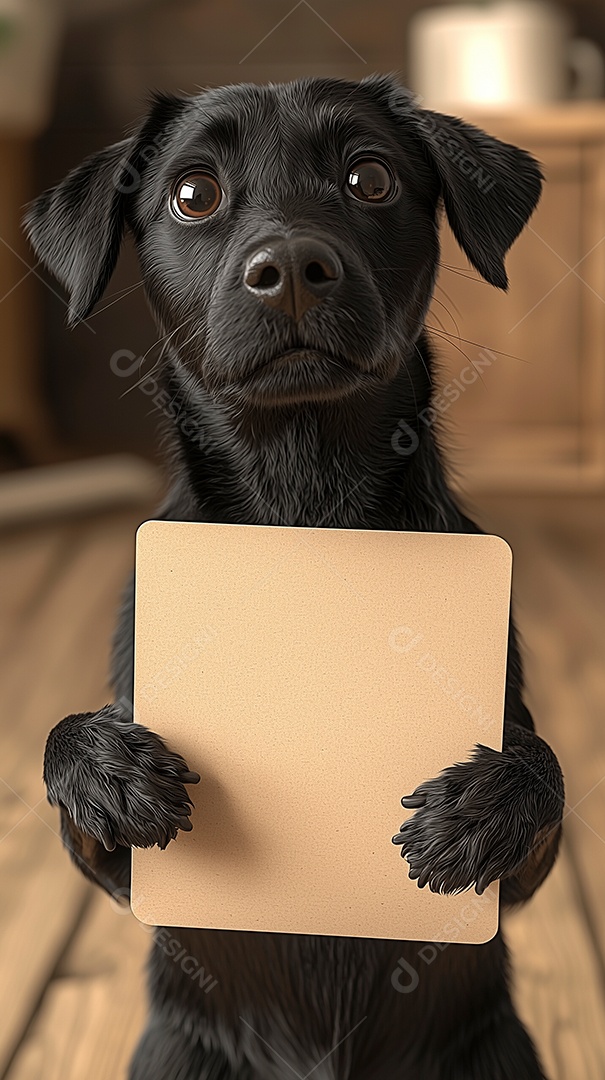 Lindo cachorro segurando papel em branco sobre fundo isolado