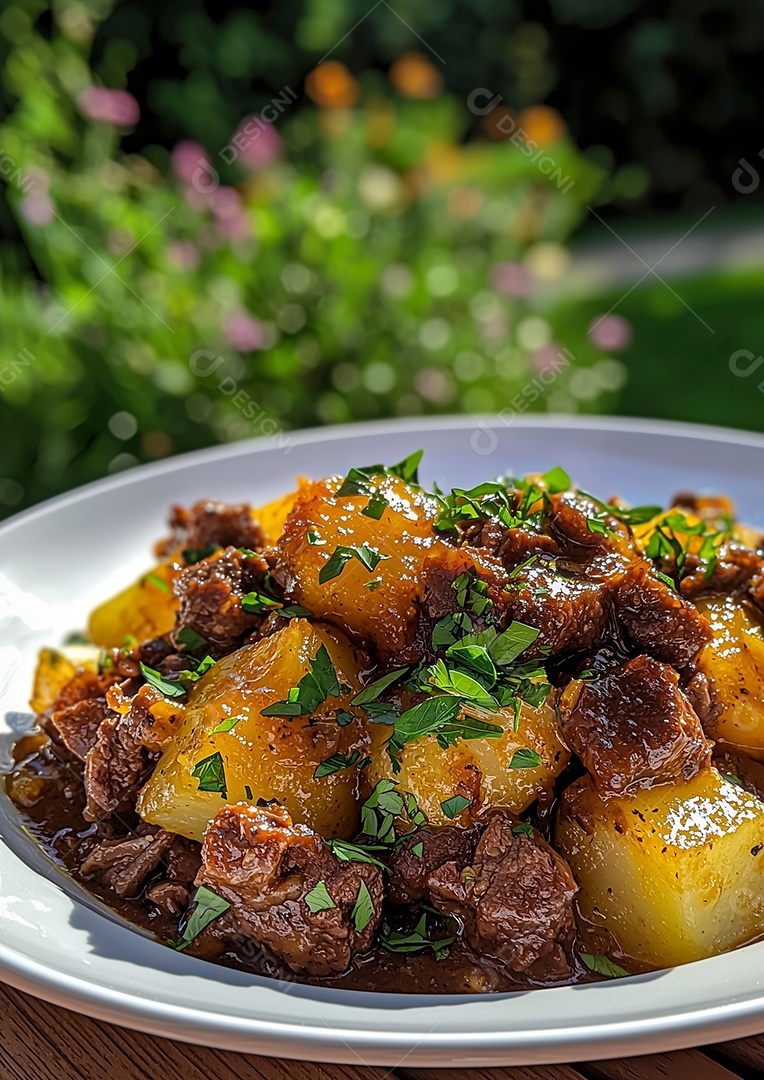 Linda carne ao molho com batata e salsa em prato sobre mesa de madeira