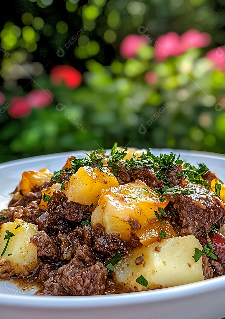 Linda carne ao molho com batata e salsa em prato sobre mesa de madeira