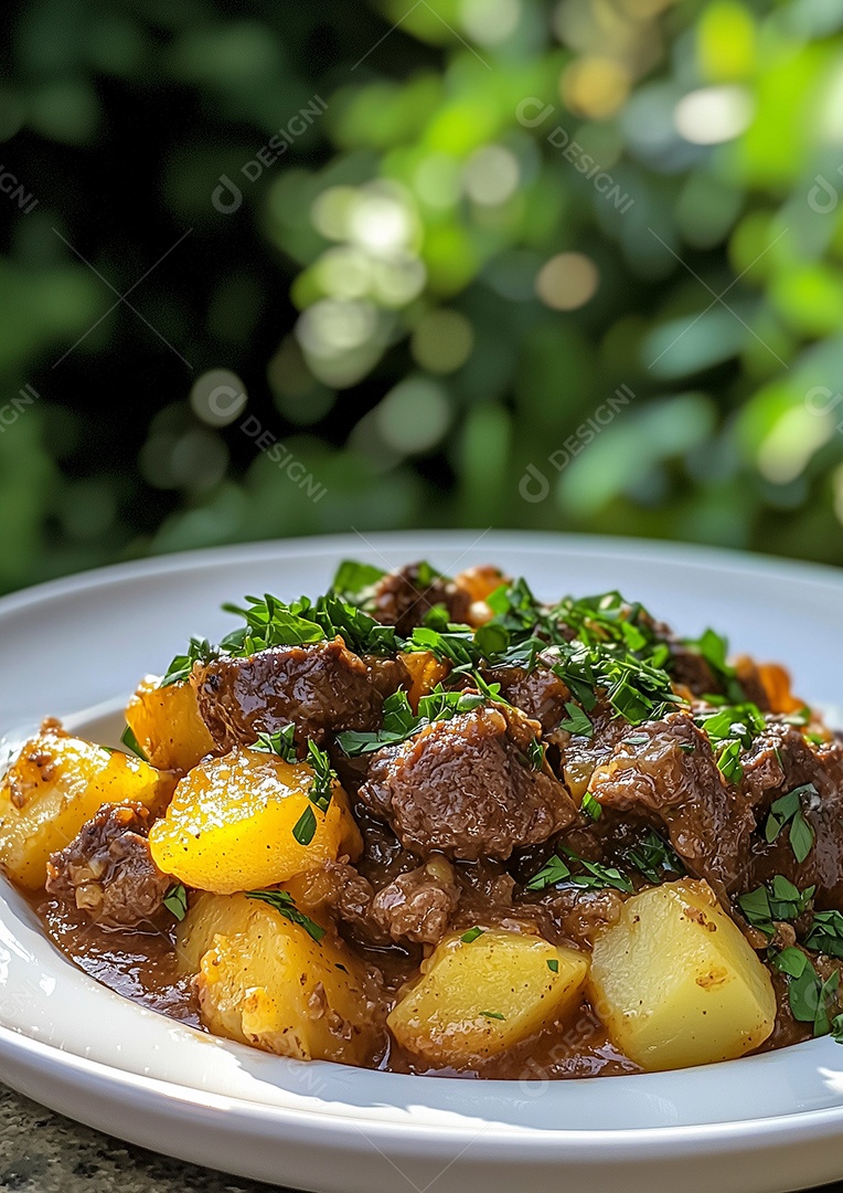Linda carne ao molho com batata e salsa em prato sobre mesa de madeira