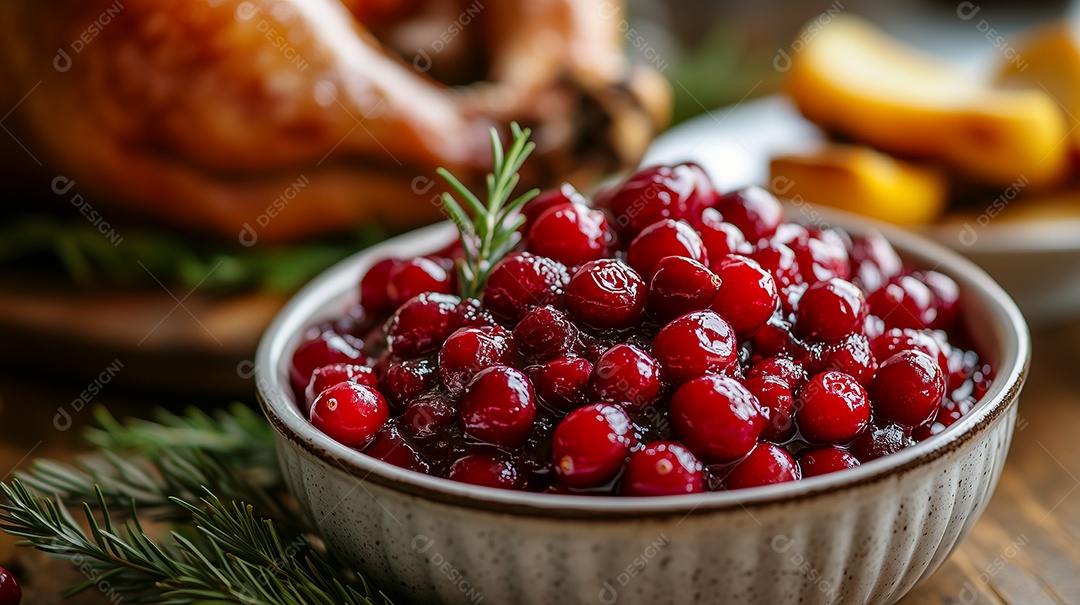 Lindo molho de cranberry em tijela sobre mesa de madeira
