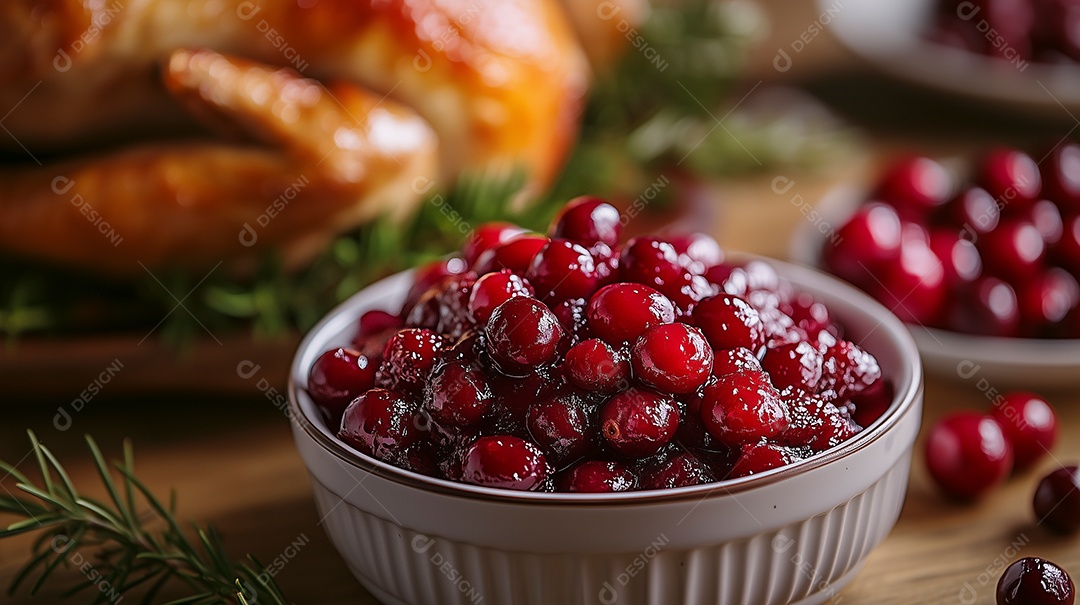Lindo molho de cranberry em tijela sobre mesa de madeira