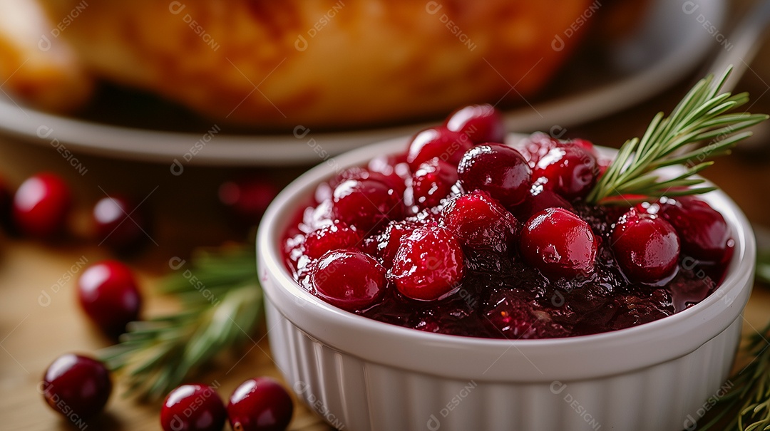 Lindo molho de cranberry em tijela sobre mesa de madeira