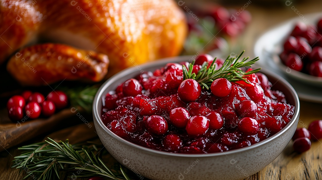 Lindo molho de cranberry em tijela sobre mesa de madeira
