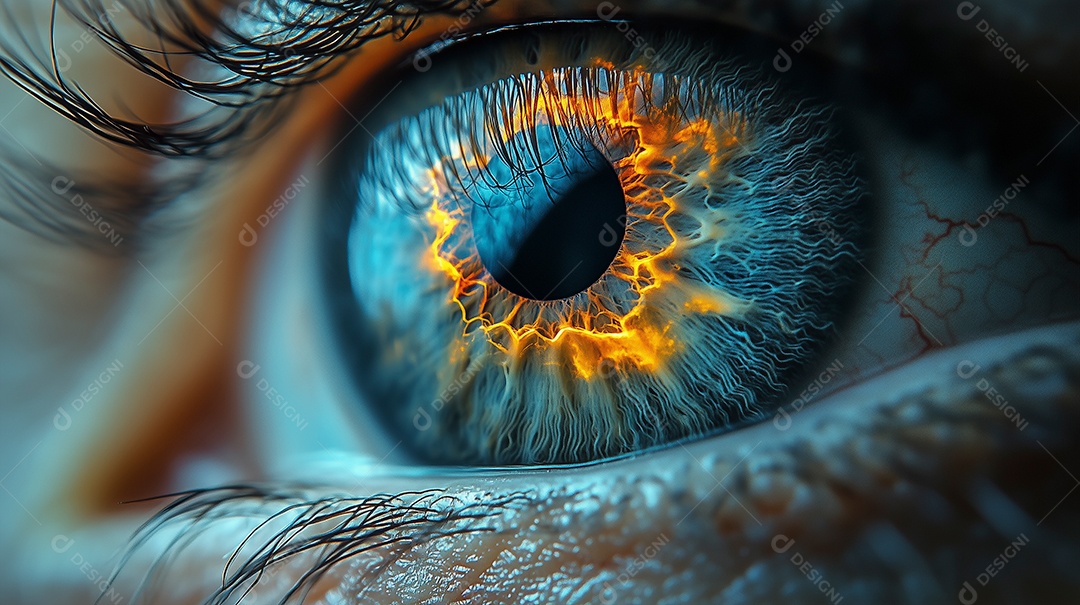 Lindo close de um olho humano azul olhando para uma câmera com reflexo gerado por IA