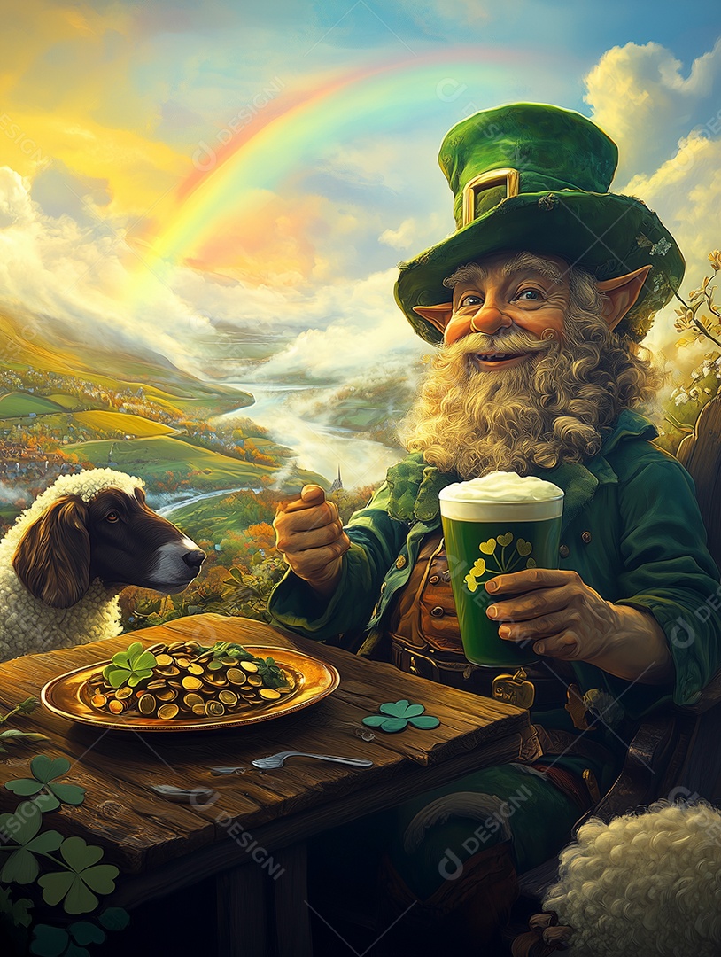 Feliz dia de são patrício trevo verde leprechaun bebendo em um pote de ouro sobre fundo isolado