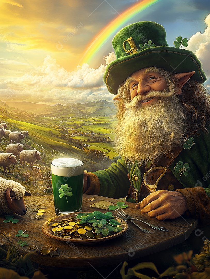 Feliz dia de são patrício trevo verde leprechaun bebendo em um pote de ouro sobre fundo isolado