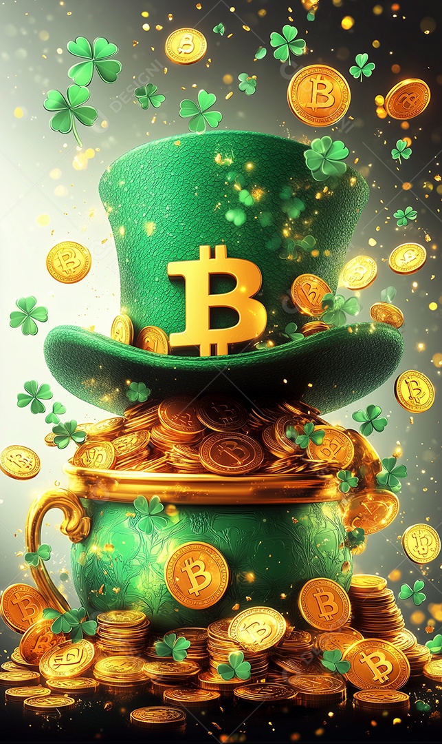 Dia de São Patrício chapéu de duende verde com trevo e pote de tesouro cheio de moedas de ouro sobre fundo isolado