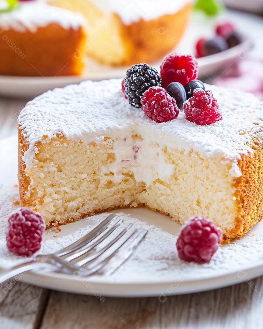 Belo bolo com chantily com frutas vermelha em prato sobre mesa de madeira