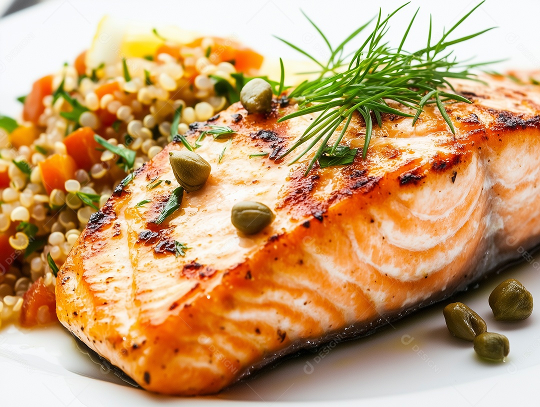 Delícioso filé de salmão com arroz e ervilha sobre fundo branco isolado