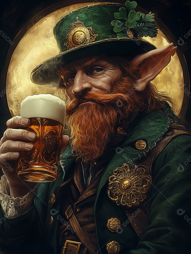 Feliz dia de são patrício trevo verde leprechaun bebendo em um pote de ouro sobre fundo isolado