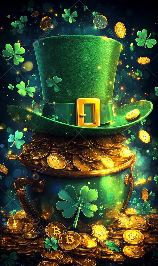 Dia de São Patrício chapéu de duende verde com trevo e pote de tesouro cheio de moedas de ouro sobre fundo isolado