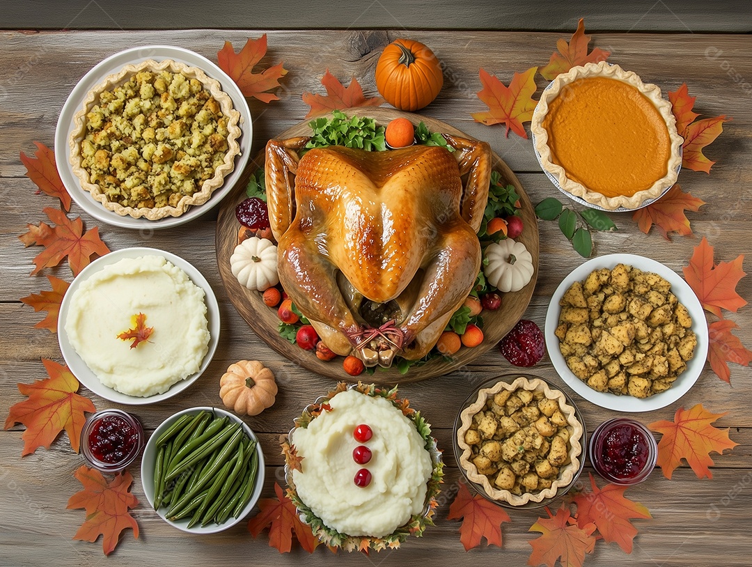 Belo banquete com um lindo peru assado em tábua sobre mesa de madeira
