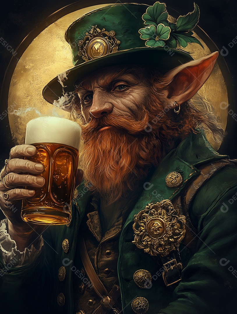 Feliz dia de são patrício trevo verde leprechaun bebendo em um pote de ouro sobre fundo isolado