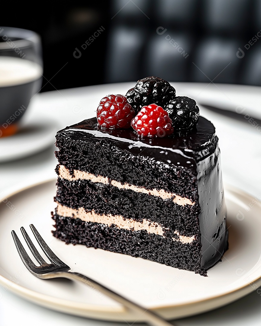 Belo bolo de negresco com cobertura de frutas vermelhas em prato sobre mesa de marmore