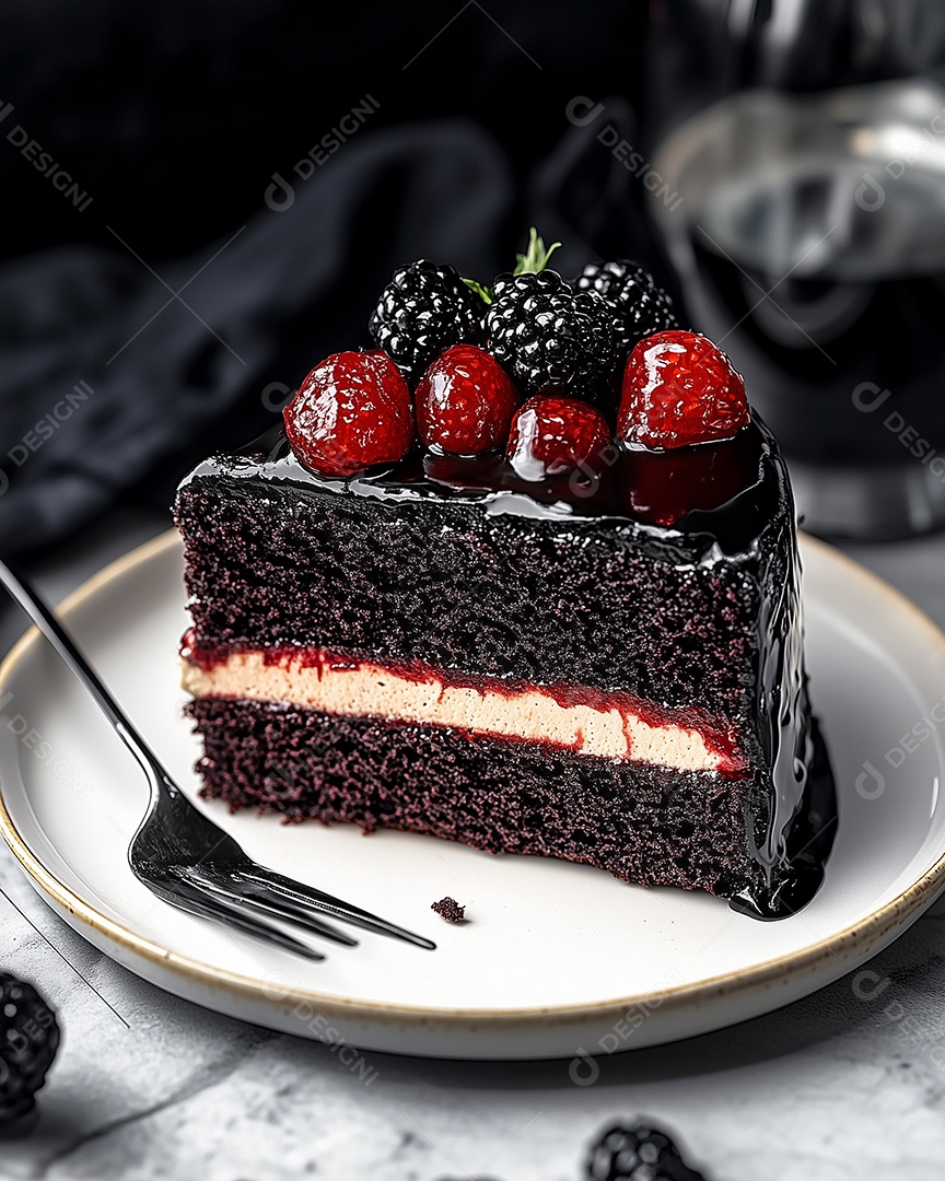 Belo bolo de negresco com cobertura de frutas vermelhas em prato sobre mesa de marmore