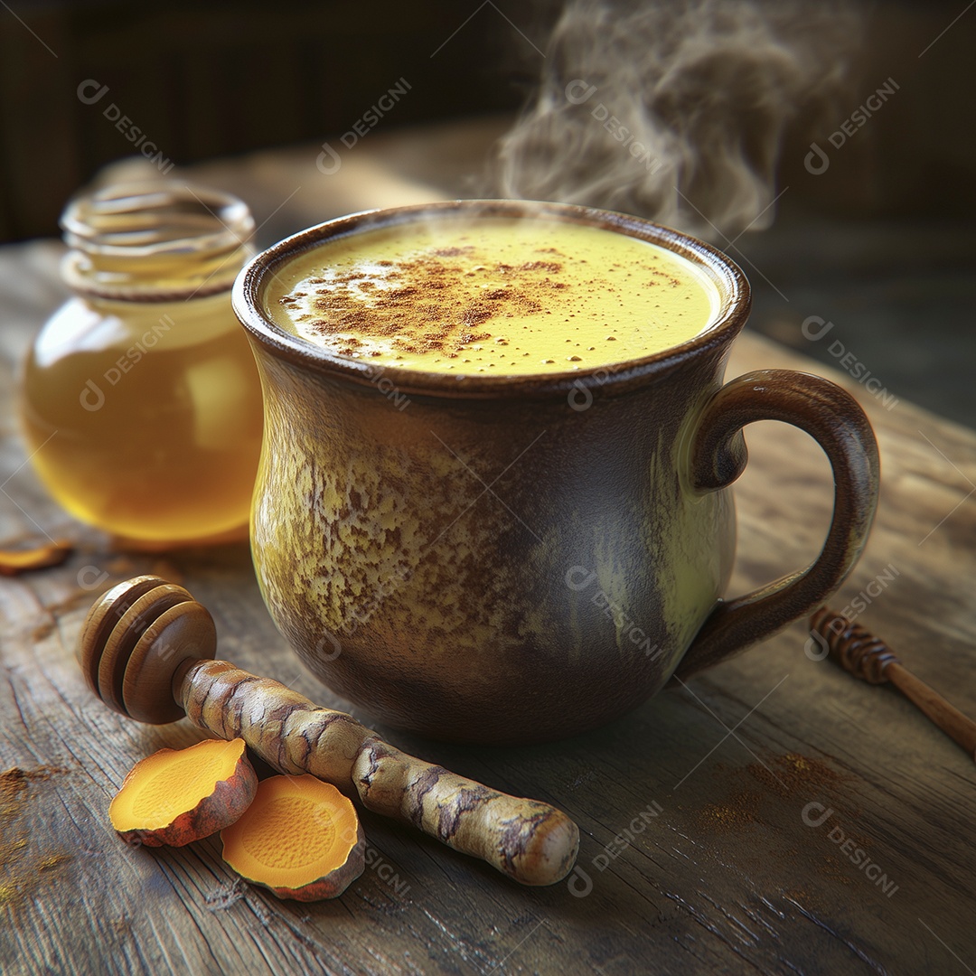 Delícioso chá de mel com genbibre em xícara sobre mesa de madeira